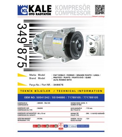 KLIMA KOMPRESORU FIAT DOBLO FIORINO LINEA PRATICO PUNTO ALFA ROMEO MITO [5PK V